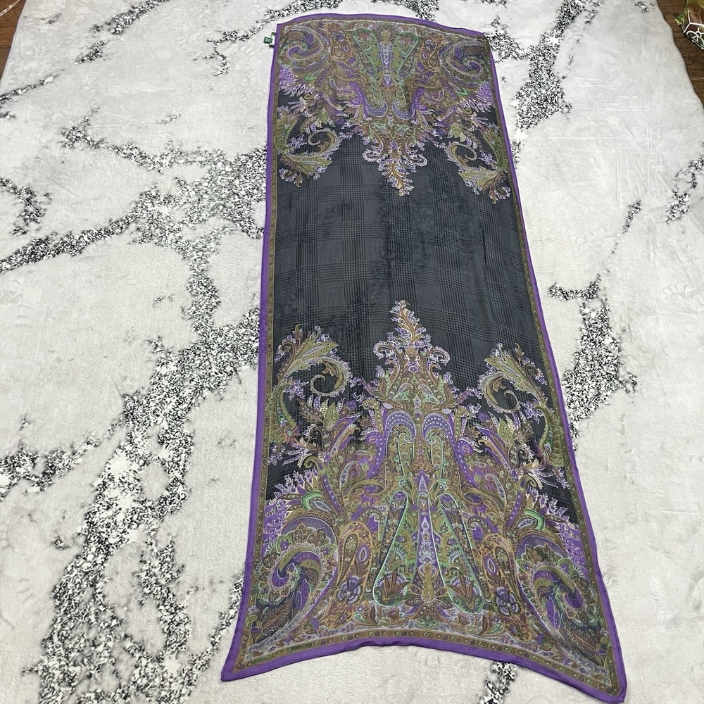 Lauren Ralph Lauren Paisley Scarf Purple Black Silk Blend Oblong Wrap - Picture 2 of 11